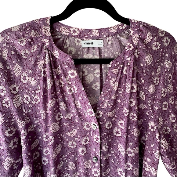 NWT | FLORAL RUFFLE HEM BOHO DRESS BUTTON FRONT TIE WAIST PURPLE | SIZE: SMALL - Picture 3 of 13